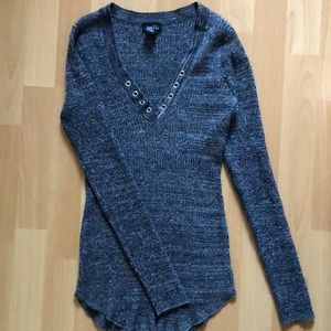 Gray Ribbed V-neck Sweater